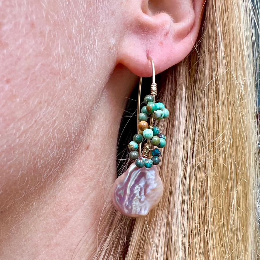 Long hook earrings: sterling silver and pink pearl with turquoise