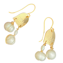 Load image into Gallery viewer, 14k gold fill mini Doors of Possibility earrings with textured gold door and pearl tassels