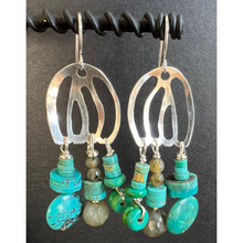 Load image into Gallery viewer, Doors of Possibility earrings with pierced silver door with turquoise green labradorite natural stone tassels
