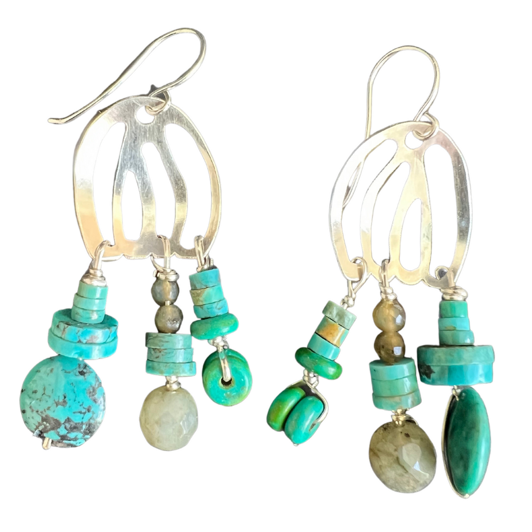 Doors of Possibility earrings with pierced silver door with turquoise green labradorite natural stone tassels