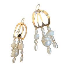 Load image into Gallery viewer, 14k Gold Fill - Doors of Possibility earrings with pierced door shape and white freshwater pearl tassels
