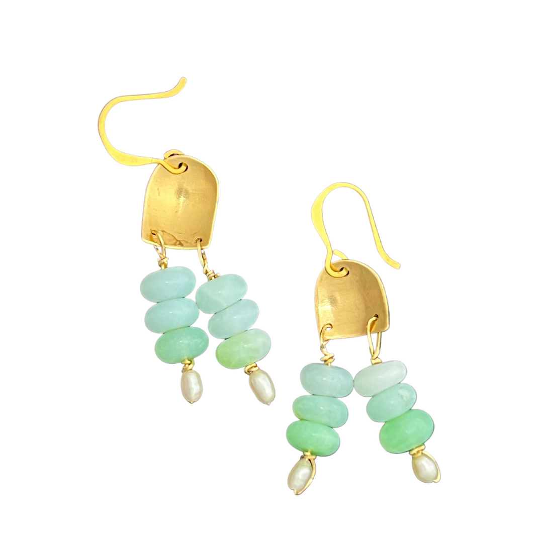 mini Doors of Possibility earrings with textured nugold door and green opal tassels