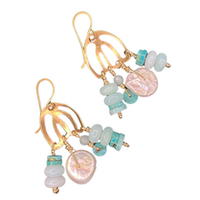 Load image into Gallery viewer, Doors of Possibility earrings with pierced brass door with pearl and green/blue opal stone tassels
