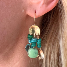Load image into Gallery viewer, Mini Doors of Possibility earrings with pierced brass door and turquoise and green/blue opal stone tassels
