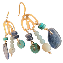 Load image into Gallery viewer, Doors of Possibility earrings with pierced brass door with kyanite and green/blue chalcedony, and turquoise stone tassels