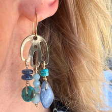 Load image into Gallery viewer, Doors of Possibility earrings with pierced brass door with kyanite and green/blue chalcedony, and turquoise stone tassels