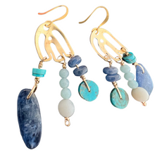 Load image into Gallery viewer, Doors of Possibility earrings with pierced brass door with kyanite and green/blue chalcedony, and turquoise stone tassels
