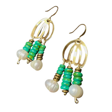 Load image into Gallery viewer, Doors of Possibility earrings with pierced brass door with pearl and green/blue stone tassels