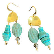 Load image into Gallery viewer, Mini Doors of Possibility earrings with brass door with turquoise, pyrite and carved stone tassels.

