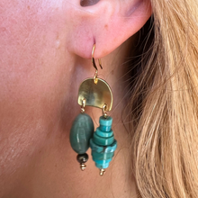 Load image into Gallery viewer, Mini Doors of Possibility earrings with brass door with turquoise, pyrite and carved stone tassels.