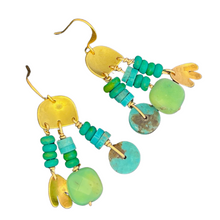 Load image into Gallery viewer, Mini Doors of Possibility earrings with pierced brass door and turquoise and green/blue opal stone tassels