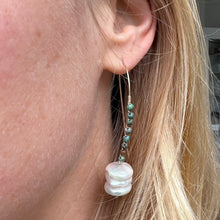 Load image into Gallery viewer, Long hook earrings with white pearl discs and turquoise beads.