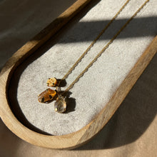 Load image into Gallery viewer, Touchstone Pendant Necklace: 18k gold plated chain with golden rutilated quartz, citrine stone and heritage button pendants