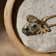 Load image into Gallery viewer, Touchstone Pendant Necklace: 18k gold plated chain with golden rutilated quartz, iridescent shell, and bronze flower pendants