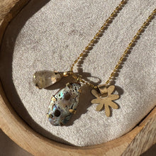 Load image into Gallery viewer, Touchstone Pendant Necklace: 18k gold plated chain with golden rutilated quartz, iridescent shell, and bronze flower pendants