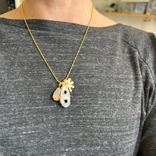 Load image into Gallery viewer, Touchstone Pendant Necklace: 18k gold plated chain with golden rutilated quartz, iridescent shell, and bronze flower pendants