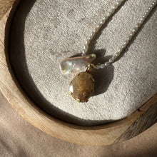 Load image into Gallery viewer, Touchstone Pendant Necklace: Pearl and 18k gold plated chain with golden rutilated quartz pendant