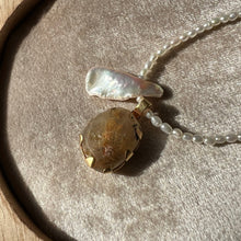 Load image into Gallery viewer, Touchstone Pendant Necklace: Pearl and 18k gold plated chain with golden rutilated quartz pendant