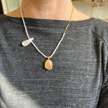 Load image into Gallery viewer, Touchstone Pendant Necklace: Pearl and 18k gold plated chain with golden rutilated quartz pendant