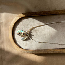 Load image into Gallery viewer, Touchstone Pendant Necklace: Pearl and silver plated chain with iridescent shell and black rutilated quartz pendants