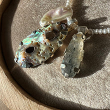 Load image into Gallery viewer, Touchstone Pendant Necklace: Pearl and silver plated chain with iridescent shell and black rutilated quartz pendants