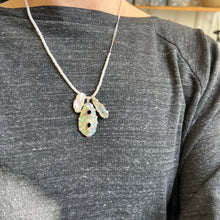 Load image into Gallery viewer, Touchstone Pendant Necklace: Pearl and silver plated chain with iridescent shell and black rutilated quartz pendants
