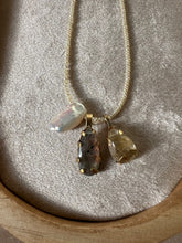 Load image into Gallery viewer, Touchstone Pendant Necklace: Pearl and 18k gold plated chain with golden and black rutilated quartz pendants