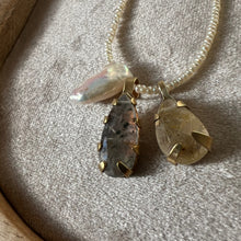 Load image into Gallery viewer, Touchstone Pendant Necklace: Pearl and 18k gold plated chain with golden and black rutilated quartz pendants