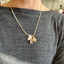 Load image into Gallery viewer, Touchstone Pendant Necklace: Pearl and 18k gold plated chain with golden and black rutilated quartz pendants