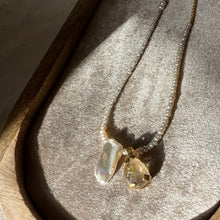 Load image into Gallery viewer, Touchstone Pendant Necklace: Pearl and 18k gold plated chain with golden rutilated quartz pendant