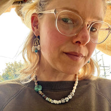 Load image into Gallery viewer, Take Flight necklace with turquoise, pearl, opal, vintage hand painted beads and buttons, and quartz