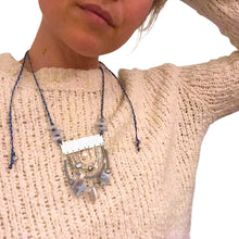 Load image into Gallery viewer, Measure Necklace: Sterling silver ruler with blue lace agate, pearl, and opal adornment