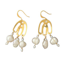 Load image into Gallery viewer, Doors of Possibility earrings with pierced door shape and white freshwater pearl tassels