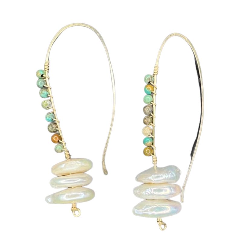 Long hook earrings with white pearl discs and turquoise beads.