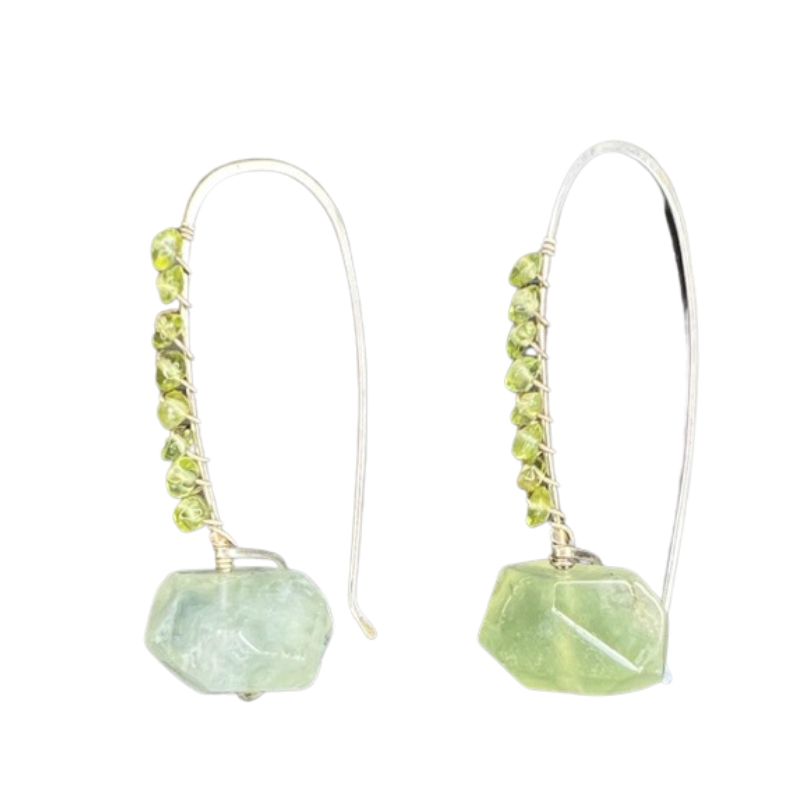 Earrings: Long Sterling Silver ear wire, green quartz and peridot stone beads