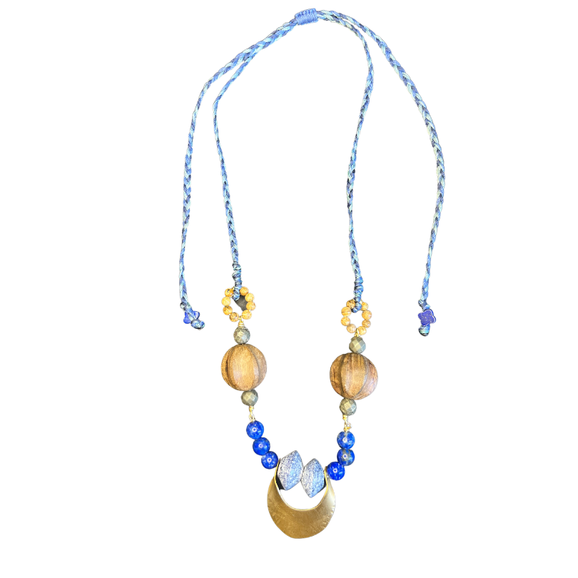 Container Necklace: Recycled glass beads, brass container, lapis, wood, pyrite,
