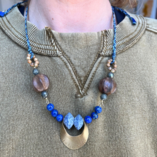 Load image into Gallery viewer, Container Necklace: Recycled glass beads, brass container, lapis, wood, pyrite,
