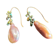 Load image into Gallery viewer, Long hook earrings: sterling silver and pink pearl with turquoise
