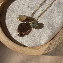 Load image into Gallery viewer, Touchstone Pendant Necklace: 18k gold plated chain with reclaimed ring stamp, golden rutilated quartz and chalcedony pendants