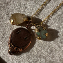 Load image into Gallery viewer, Touchstone Pendant Necklace: 18k gold plated chain with reclaimed ring stamp, golden rutilated quartz and chalcedony pendants