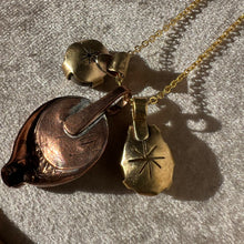 Load image into Gallery viewer, Touchstone Pendant Necklace: 18k gold plated chain with reclaimed ring stamp, golden rutilated quartz and chalcedony pendants