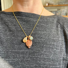 Load image into Gallery viewer, Touchstone Pendant Necklace: 18k gold plated chain with reclaimed ring stamp, golden rutilated quartz and chalcedony pendants
