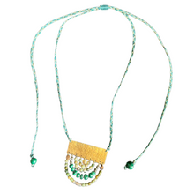 Load image into Gallery viewer, Measure Necklace: Brass ruler adorned with pyrite, malachite, and tigers eye stones