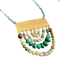 Load image into Gallery viewer, Measure Necklace: Brass ruler adorned with pyrite, malachite, and tigers eye stones