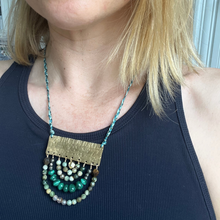 Load image into Gallery viewer, Measure Necklace: Brass ruler adorned with pyrite, malachite, and tigers eye stones