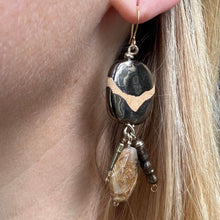 Load image into Gallery viewer, Tassel Earrings: Ceramic beads and gold rutilated quartz