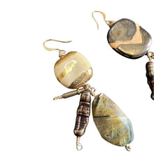 Load image into Gallery viewer, Tassel Earrings: Ceramic beads and gold rutilated quartz