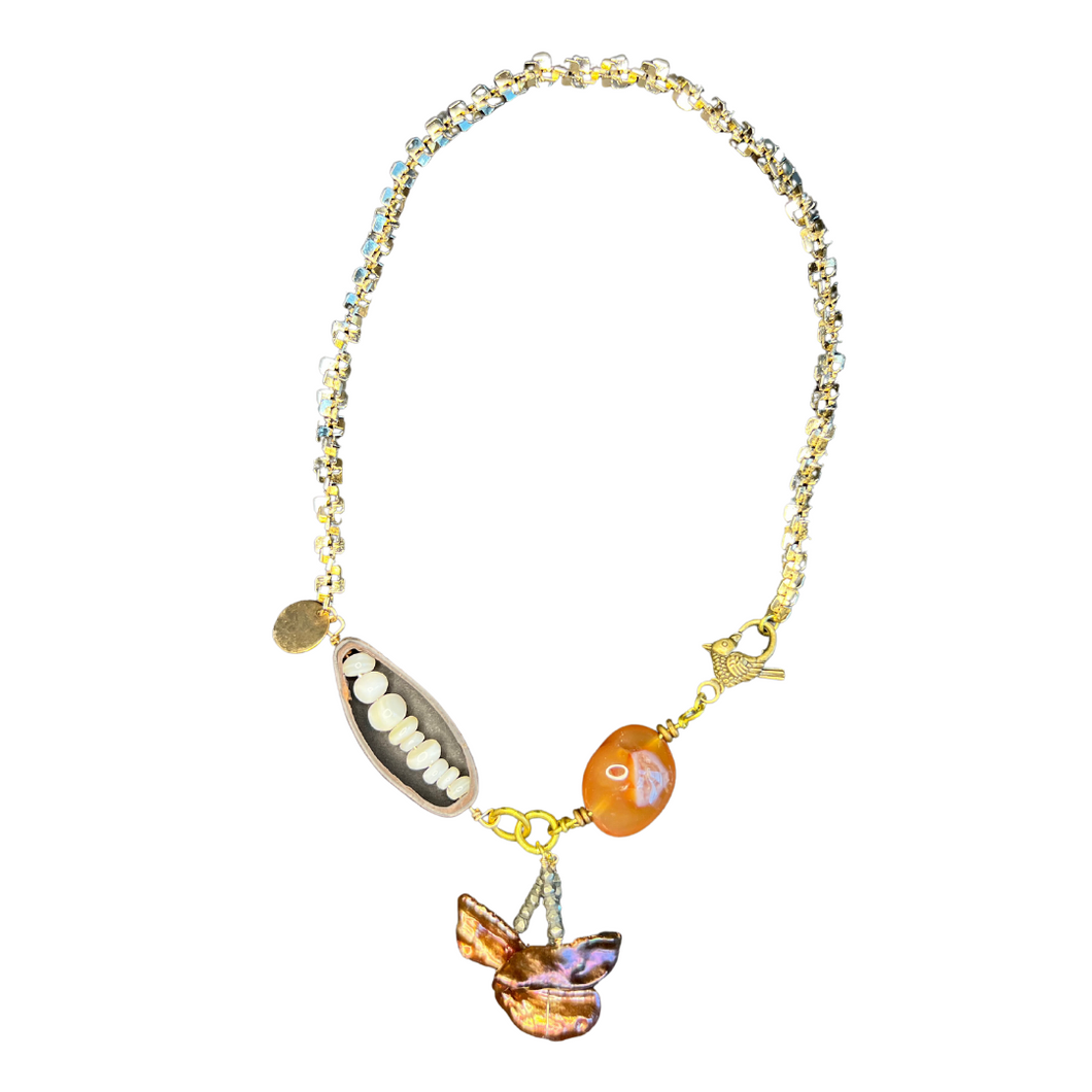 Square chain necklace with pearl, pyrite, and carnelian