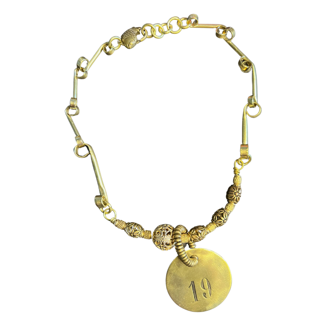 Affinity Chain Necklace: vintage hotel key tag, brass beads and fish clasp