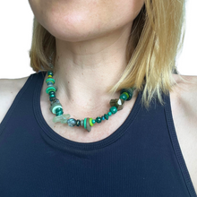 Load image into Gallery viewer, Affinity Chain Necklace: Malachite stone, pearl, and vintage buttons
